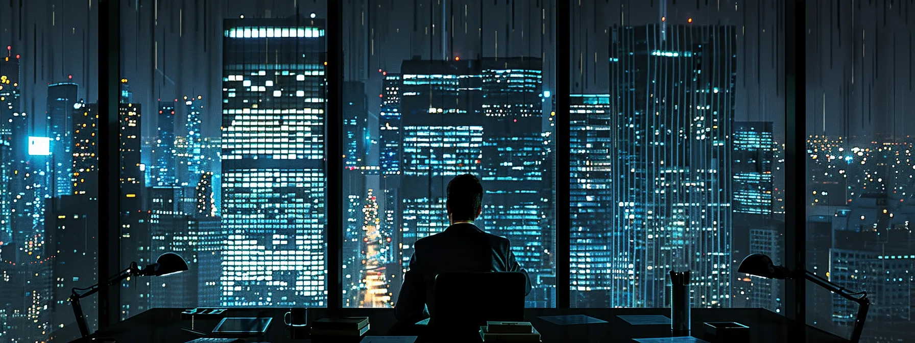 a sleek, modern office setting features a confident private investigator analyzing financial documents and bond information on a laptop, with city skyscrapers visible through the large window, highlighting the complexities of detective bond costs in florida.