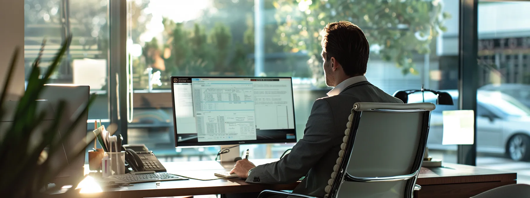 a sleek, modern office space features a professional seated at a polished desk, intently reviewing digital documents related to a louisiana auto title bond application, with a large monitor displaying vehicle title records and verification forms in a well-organized, minimalistic environment.