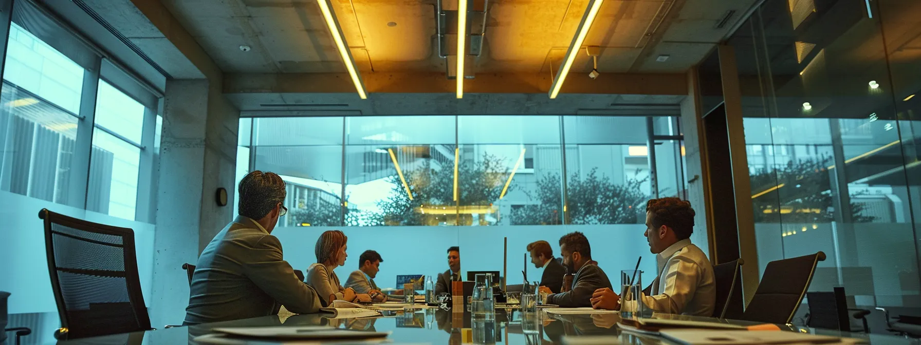 a sleek office space features a modern conference table filled with financial documents and charts, emphasizing a strategic discussion on evaluating the costs of texas alcohol bonds against other state practices, illuminated by focused overhead lighting that highlights the intensity of the analysis.